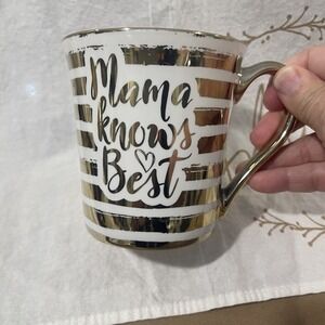 Bebe Mama Knows Best Mug Gold Striped Ceramic Coffee Cup Gift Womens Modern 4.5"